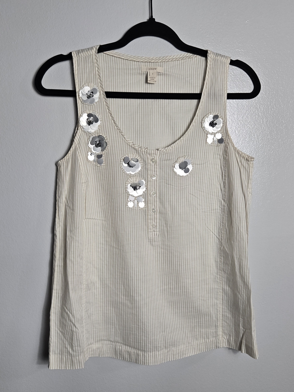 J.Crew Beige Pinstripe 100% Cotton Sequin Floral Henley Tank Top Shimmer Size 0